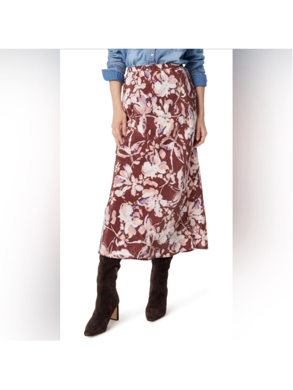 NEW Sam Edelman Gracie Pull on Midi Skirt Bitter Chocolate Brush Stroke L $89